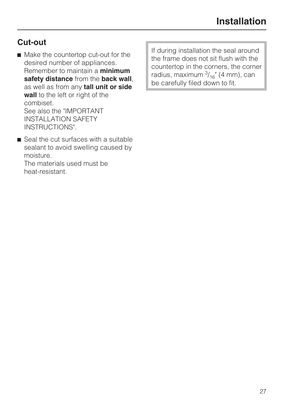 Installation, Cut-out | Miele CS1411 User Manual | Page 27 / 36