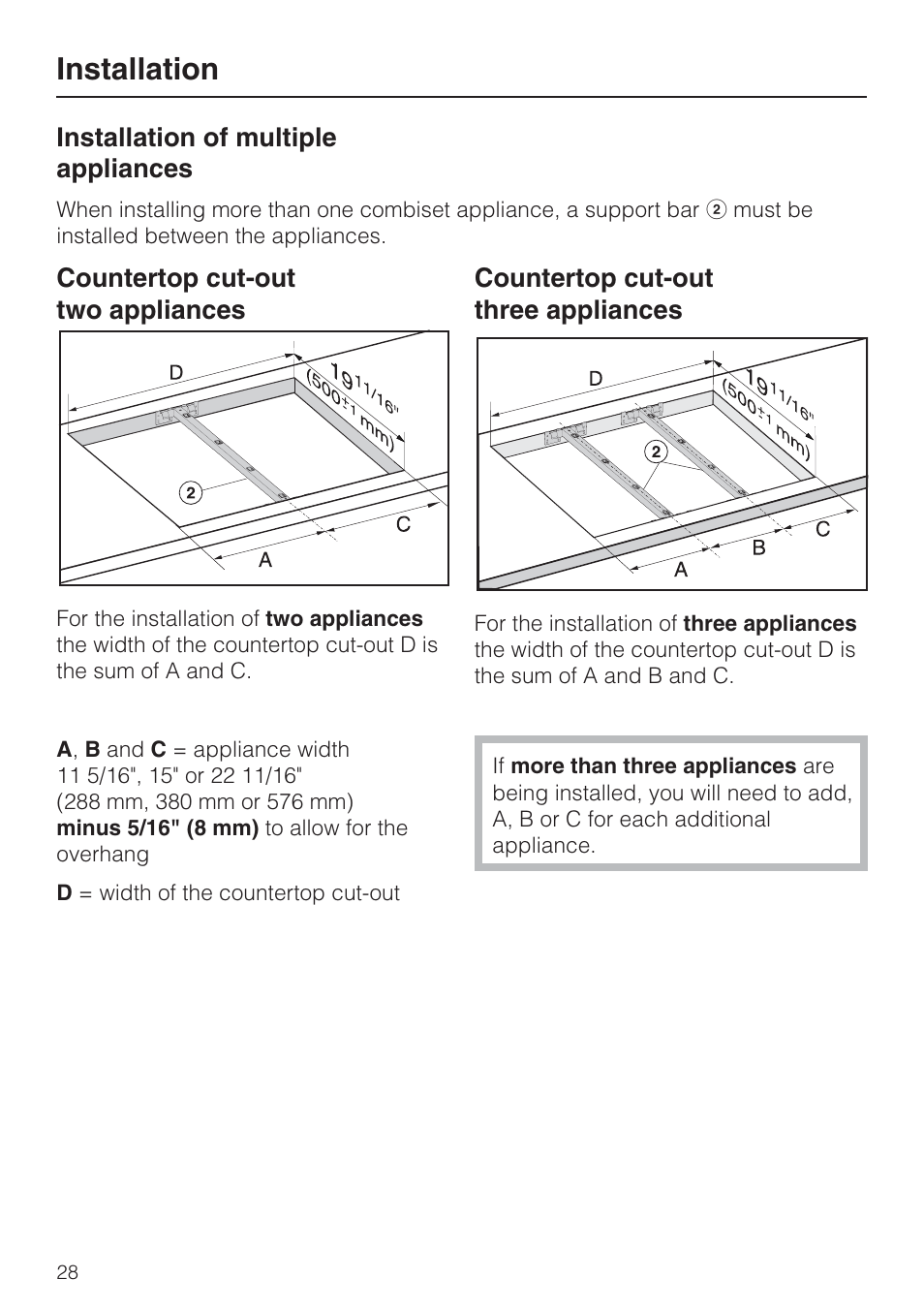 Installation of multiple appliances 28, Installation | Miele CS1411 User Manual | Page 28 / 36