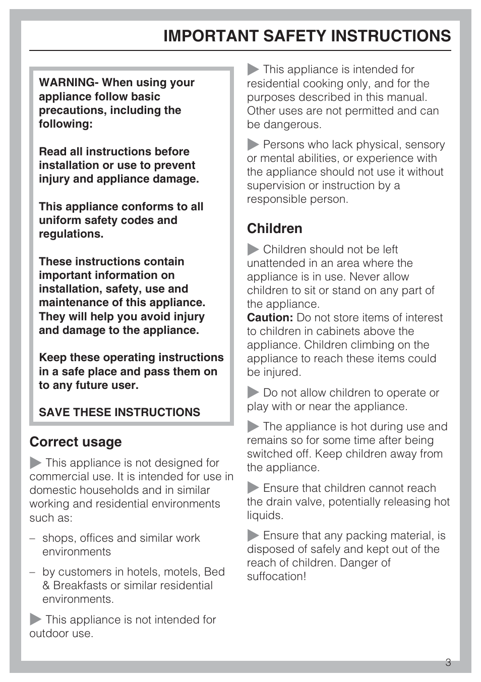 Important safety instructions 3, Important safety instructions | Miele CS1411 User Manual | Page 3 / 36