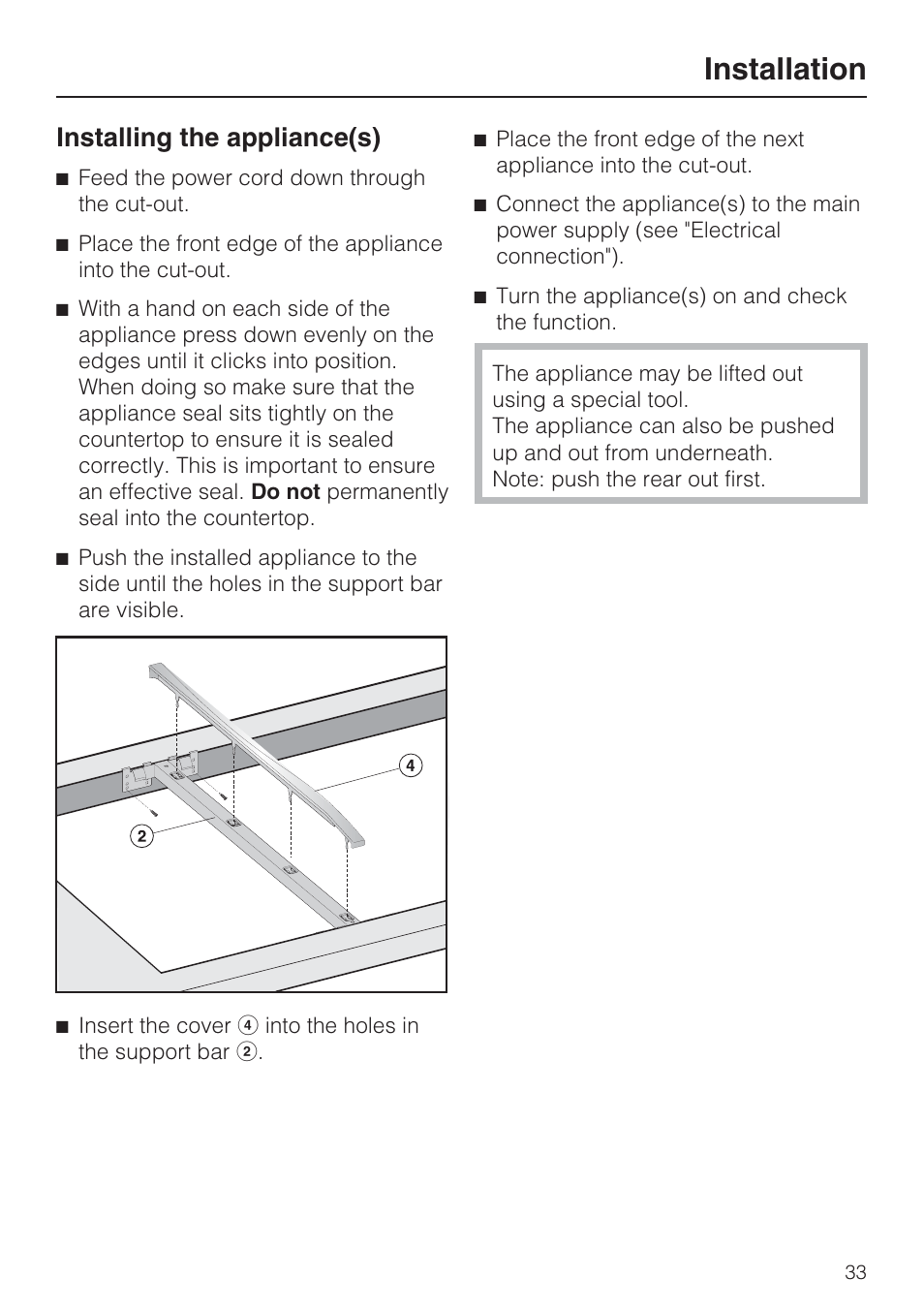 Installation, Installing the appliance(s) | Miele CS1411 User Manual | Page 33 / 36