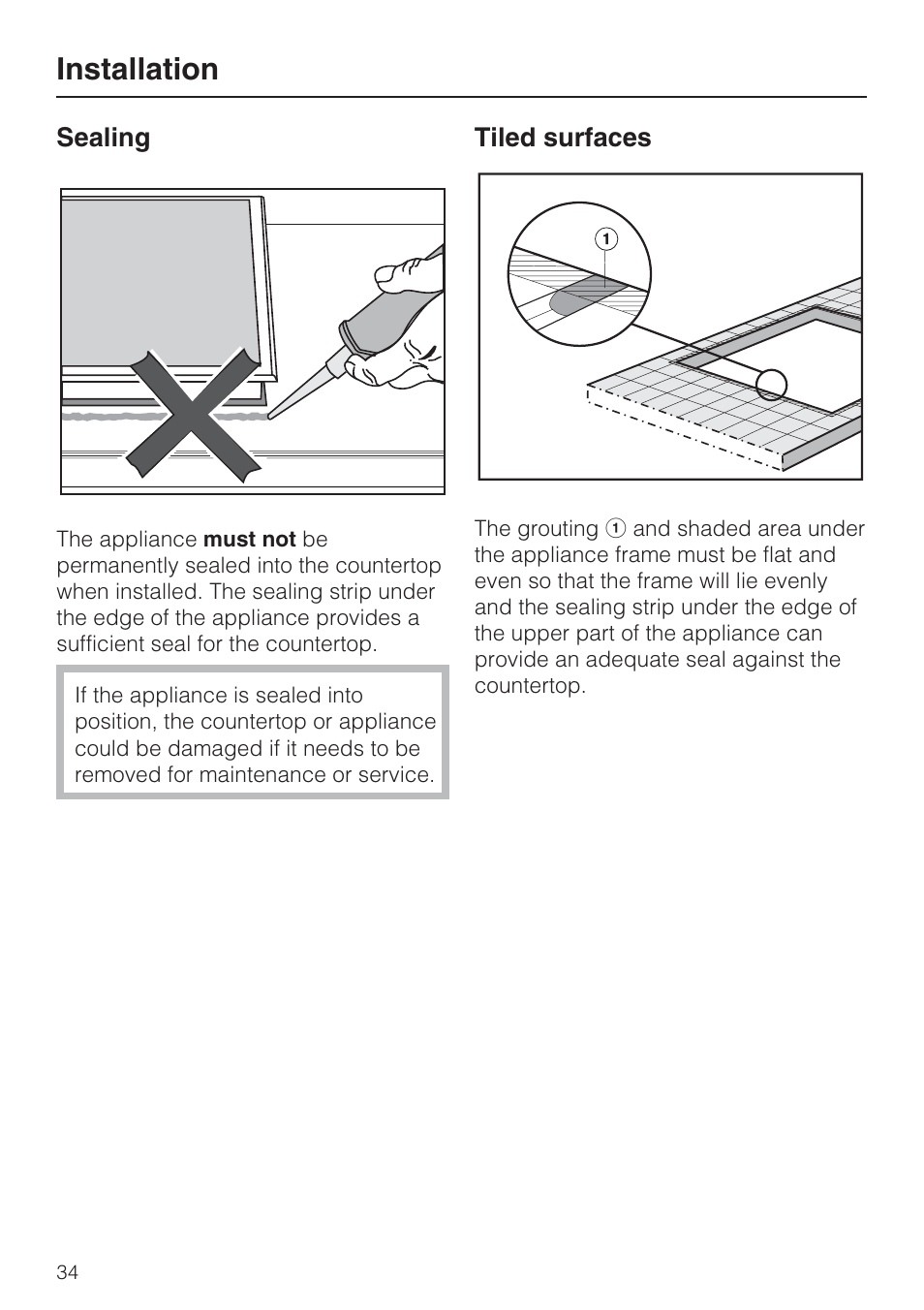 Sealing 34, Tiled surfaces 34, Installation | Miele CS1411 User Manual | Page 34 / 36