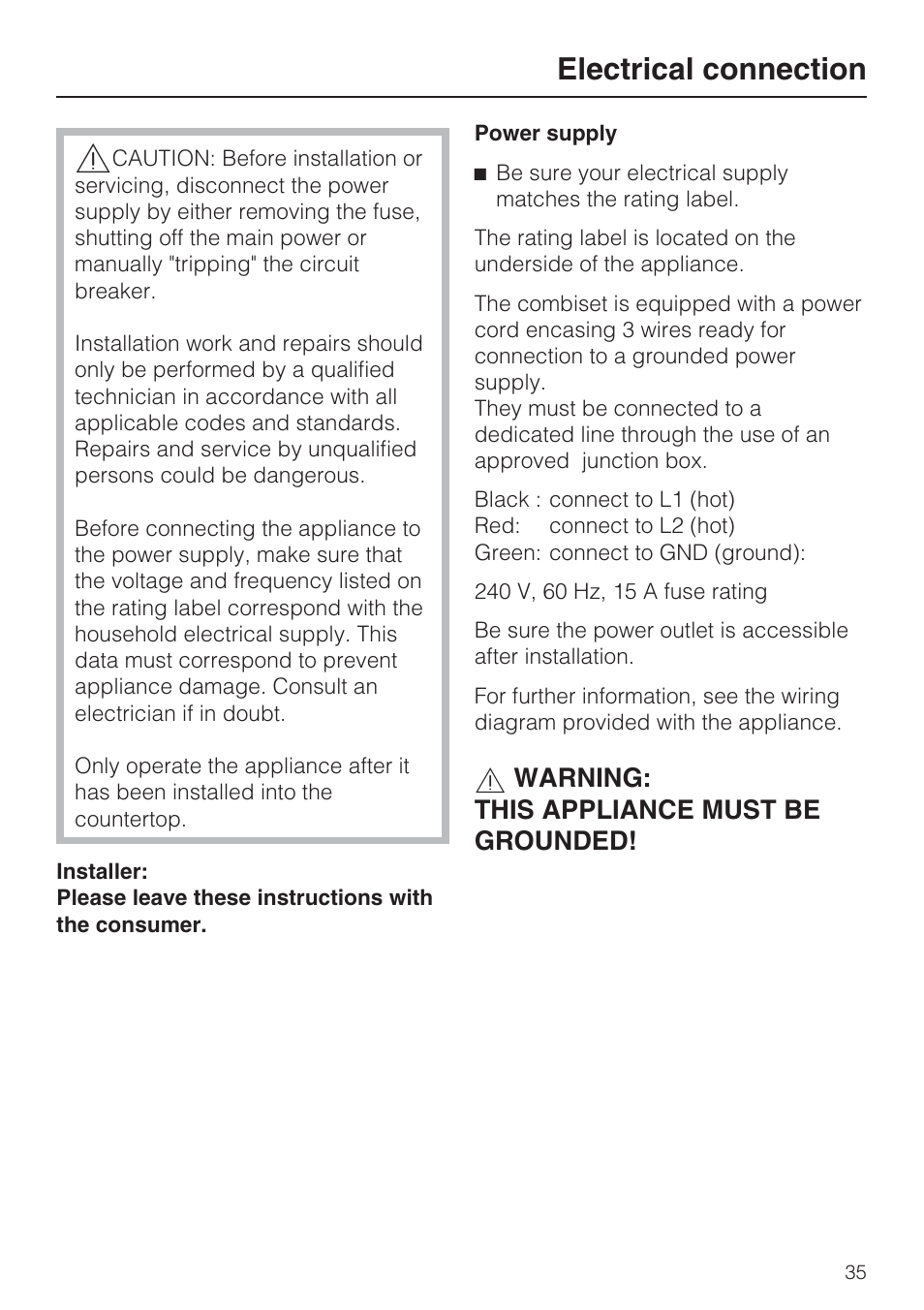 Electrical connection 35, Electrical connection, Warning: this appliance must be grounded | Miele CS1411 User Manual | Page 35 / 36