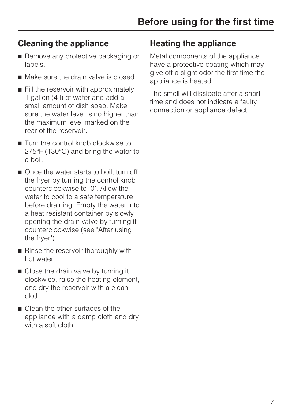 Before using for the first time 7, Cleaning the appliance 7, Before using for the first time | Cleaning the appliance, Heating the appliance | Miele CS1411 User Manual | Page 7 / 36