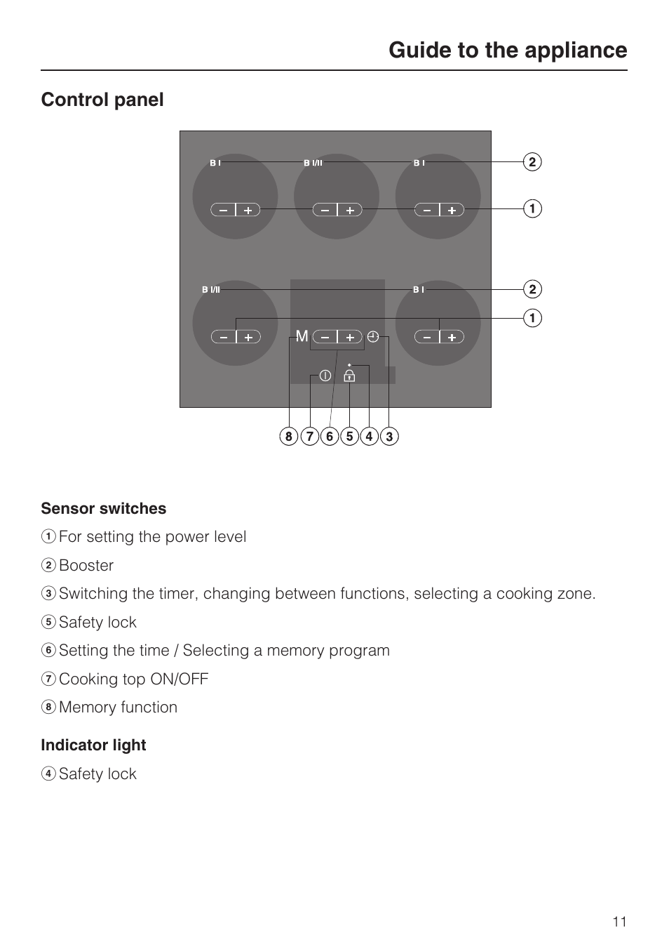 Control panel 11, Guide to the appliance, Control panel | Miele KM 5993 User Manual | Page 11 / 60