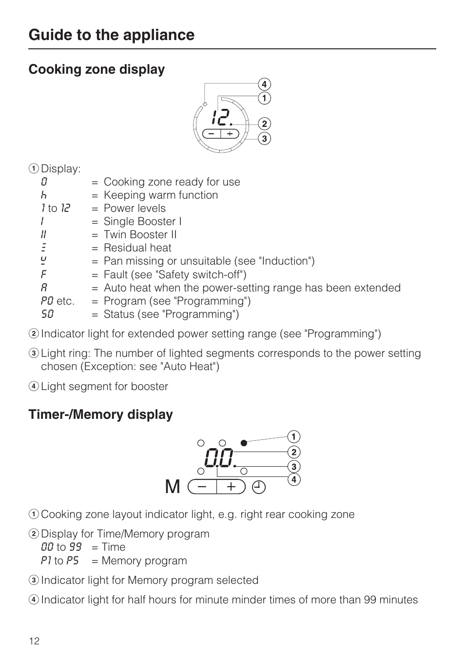 Cooking zone display 12, Timer-/memory display 12, Guide to the appliance | Cooking zone display | Miele KM 5993 User Manual | Page 12 / 60