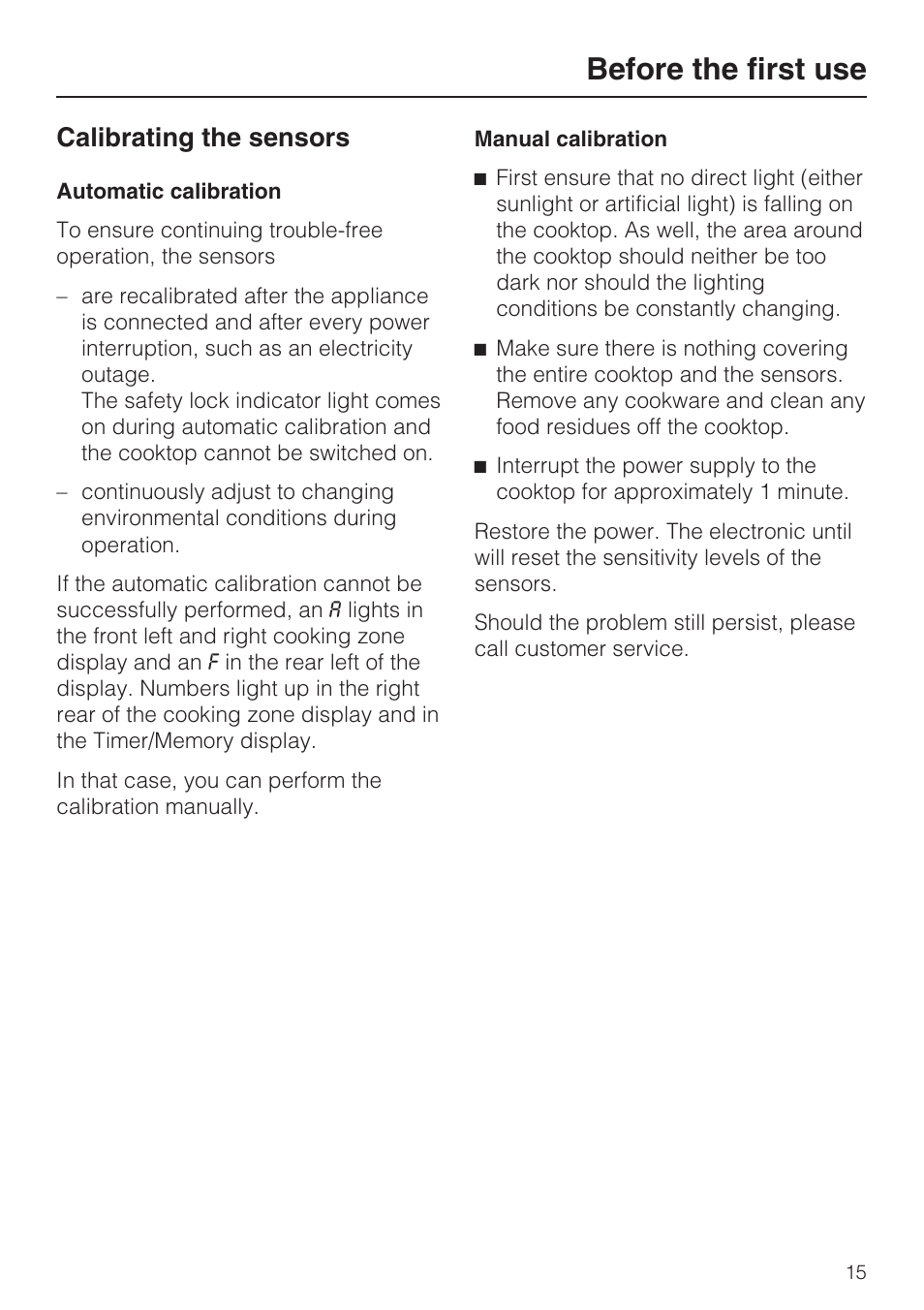 Calibrating the sensors 15, Before the first use, Calibrating the sensors | Miele KM 5993 User Manual | Page 15 / 60