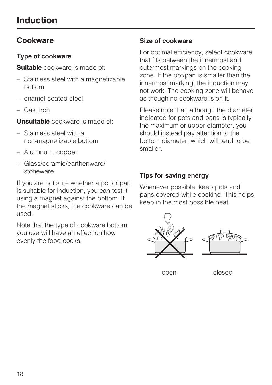 Cookware 18, Induction, Cookware | Miele KM 5993 User Manual | Page 18 / 60