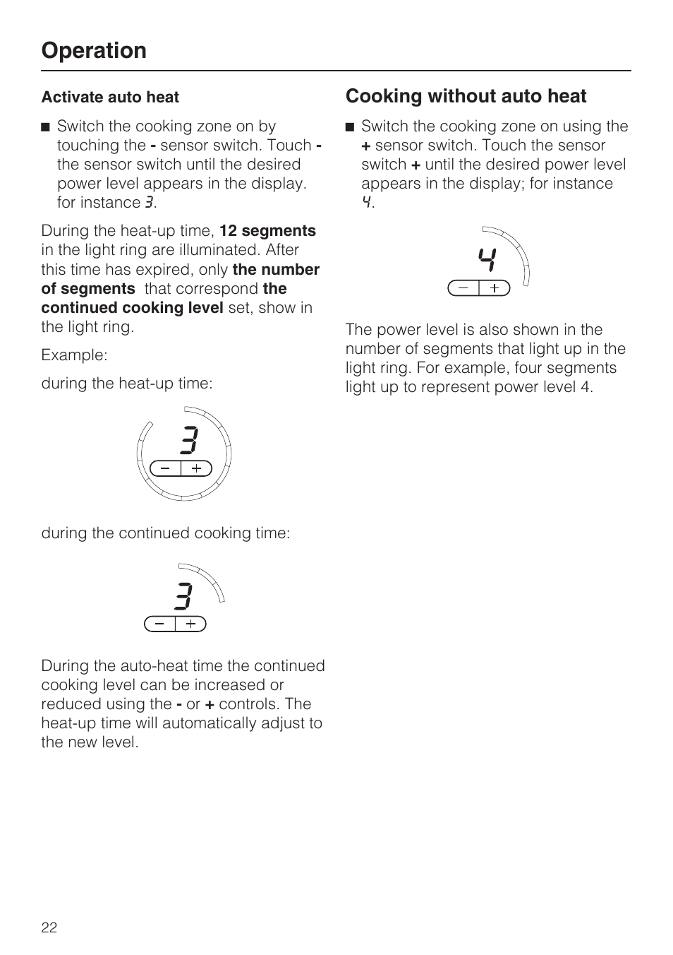 Cooking without auto heat 22, Operation, Cooking without auto heat | Miele KM 5993 User Manual | Page 22 / 60