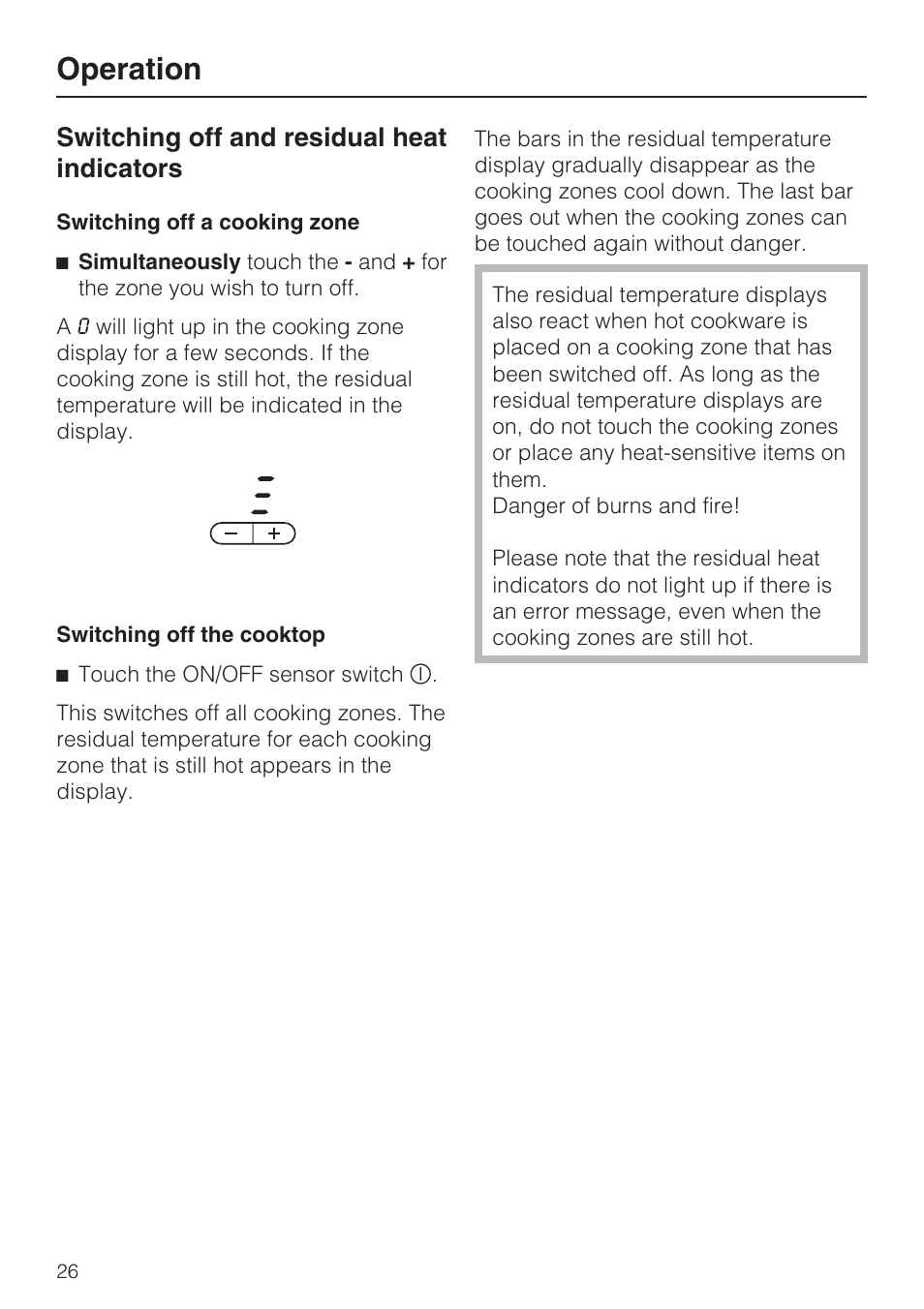 Switching off and residual heat indicators 26, Operation, Switching off and residual heat indicators | Miele KM 5993 User Manual | Page 26 / 60