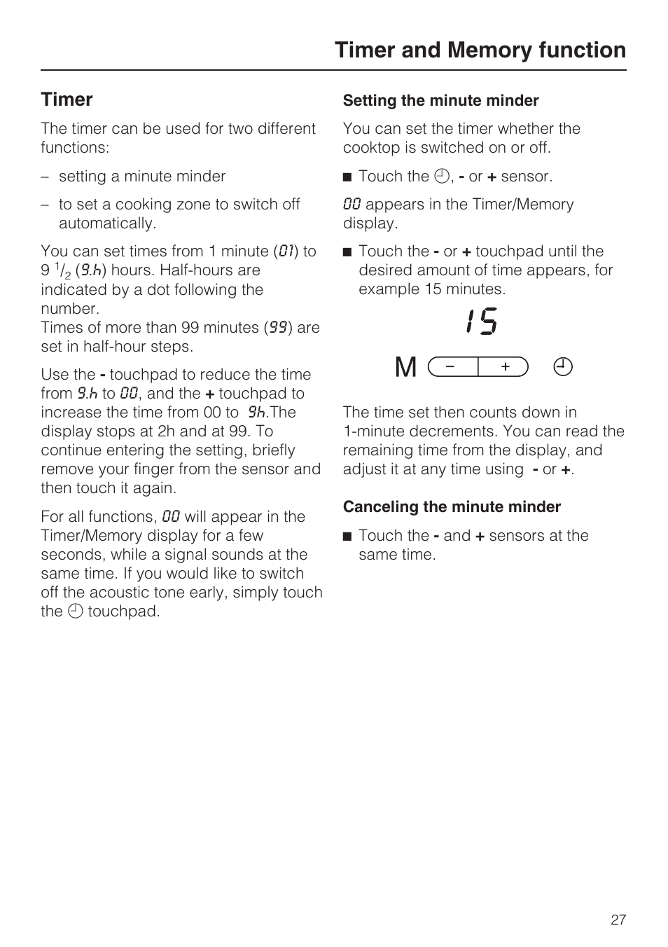 Timer and memory function 27, Timer 27, Timer | Miele KM 5993 User Manual | Page 27 / 60