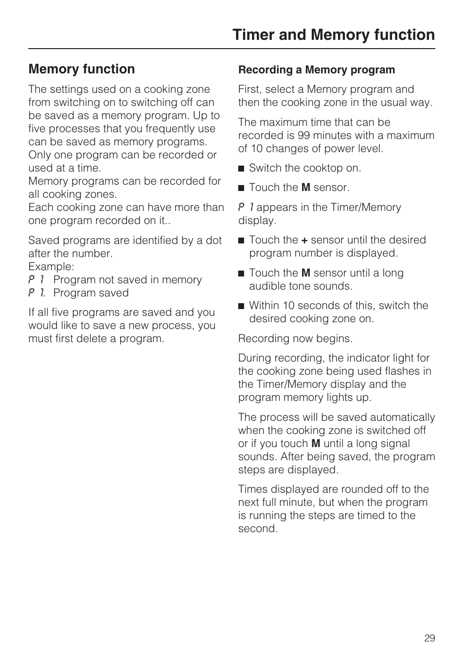 Memory function 29 | Miele KM 5993 User Manual | Page 29 / 60