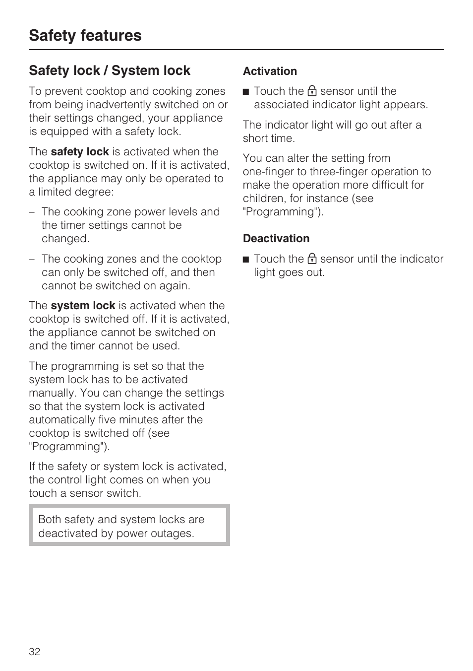 Safety features 32, Safety lock / system lock 32, Safety features | Safety lock / system lock | Miele KM 5993 User Manual | Page 32 / 60