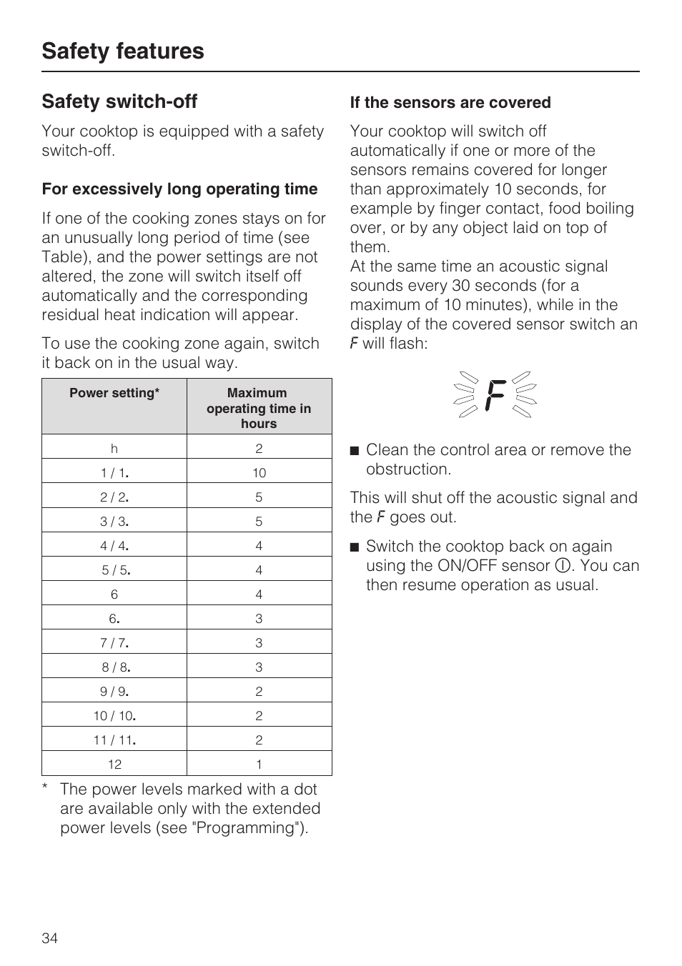 Safety switch-off 34, Safety features, Safety switch-off | Miele KM 5993 User Manual | Page 34 / 60