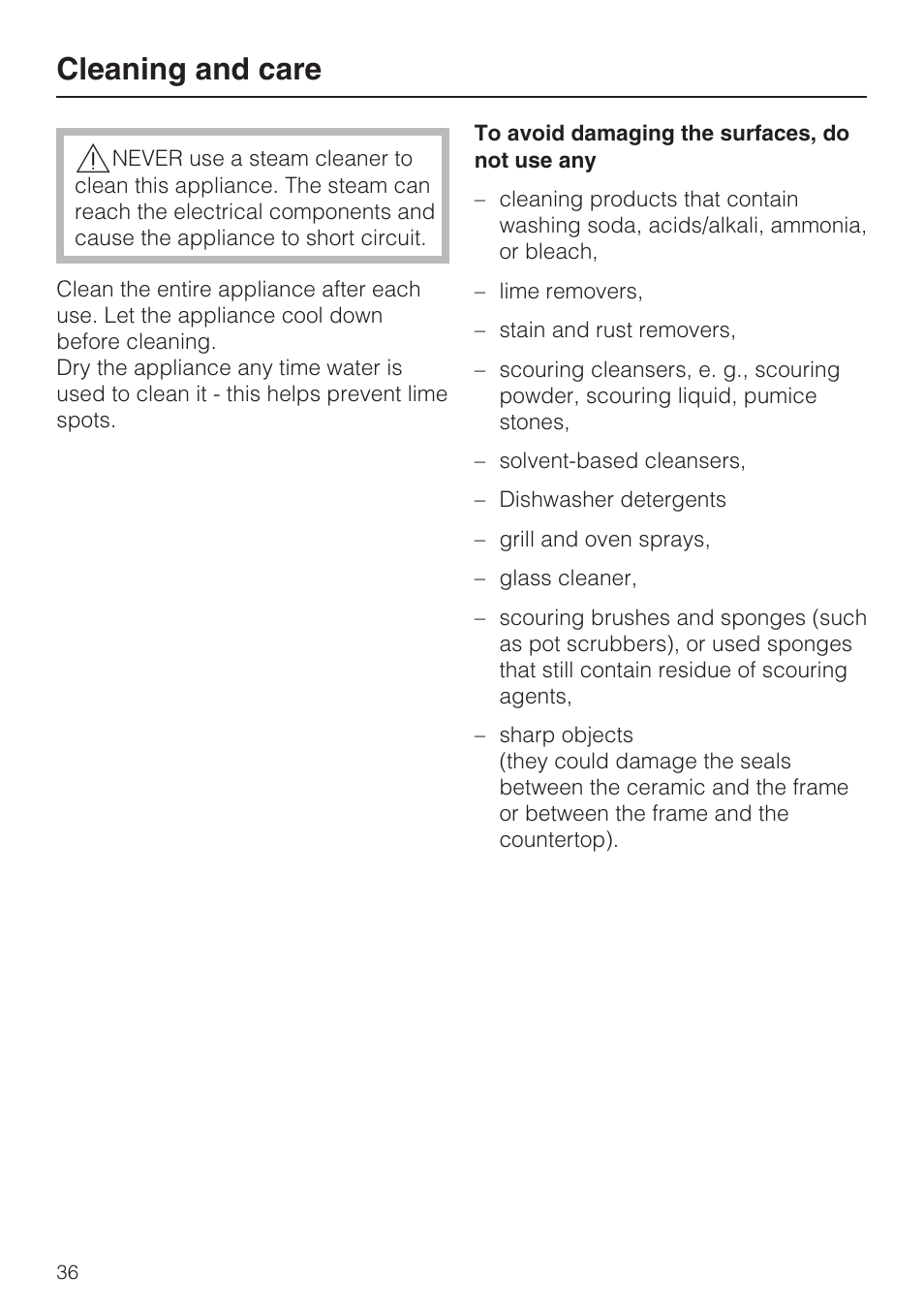 Cleaning and care 36, Cleaning and care | Miele KM 5993 User Manual | Page 36 / 60