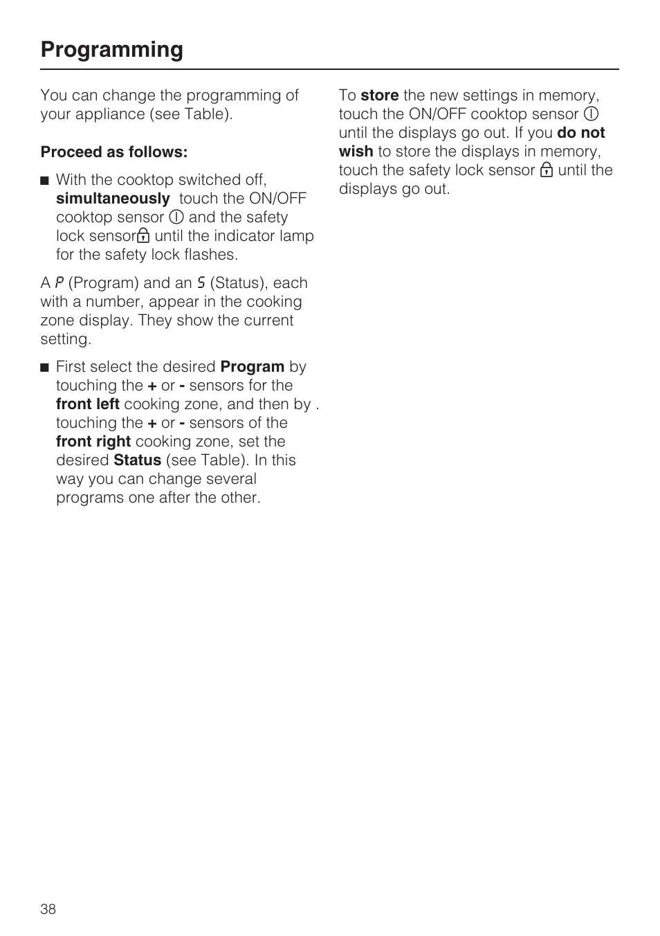 Programming 38, Programming | Miele KM 5993 User Manual | Page 38 / 60