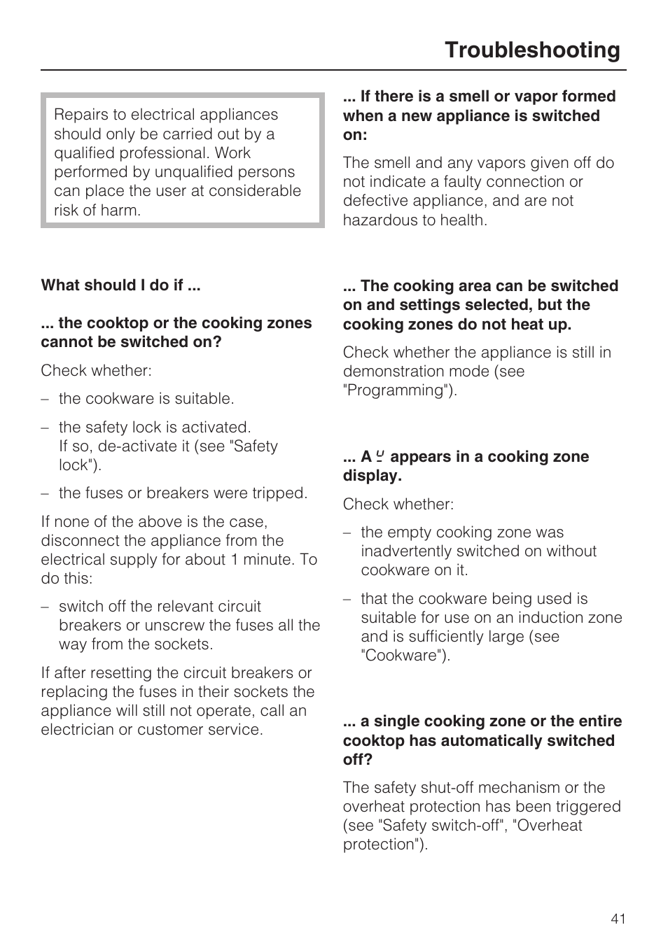 Troubleshooting 41, Troubleshooting | Miele KM 5993 User Manual | Page 41 / 60