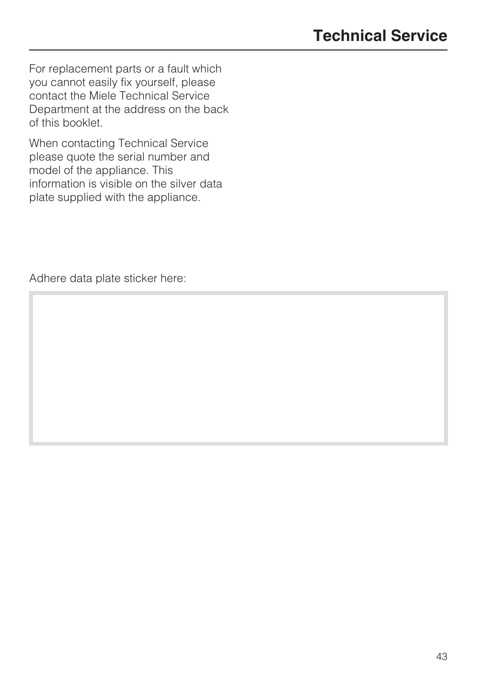 Technical service 43, Technical service | Miele KM 5993 User Manual | Page 43 / 60