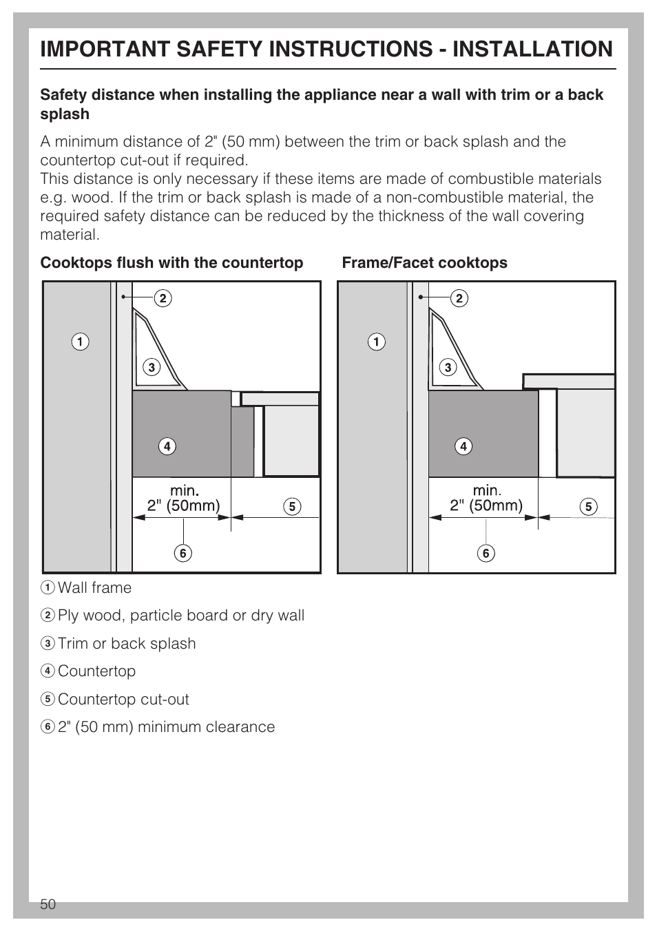 Important safety instructions - installation | Miele KM 5993 User Manual | Page 50 / 60