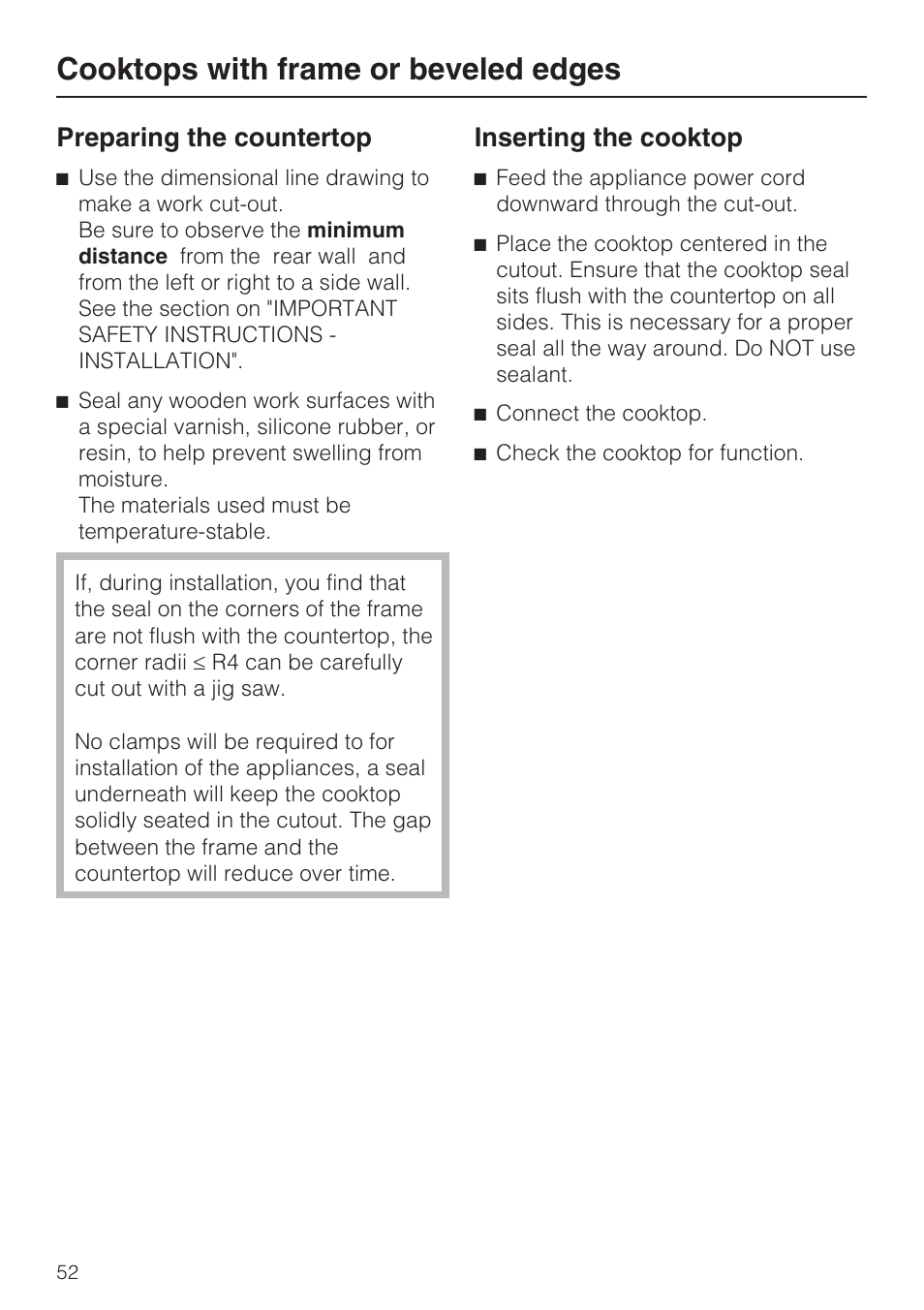 Cooktops with frame or beveled edges, Preparing the countertop, Inserting the cooktop | Miele KM 5993 User Manual | Page 52 / 60