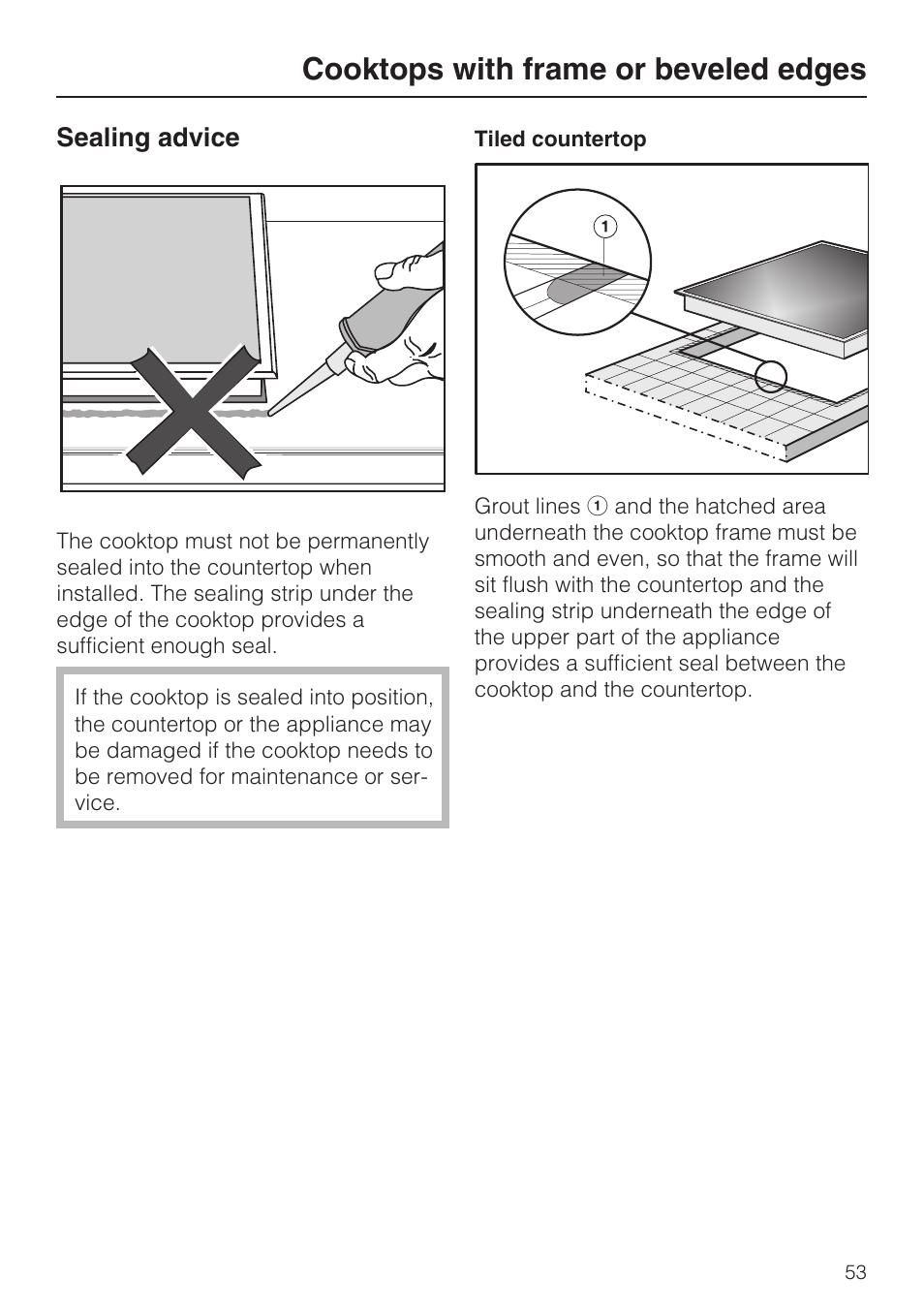 Sealing advice 53, Cooktops with frame or beveled edges | Miele KM 5993 User Manual | Page 53 / 60