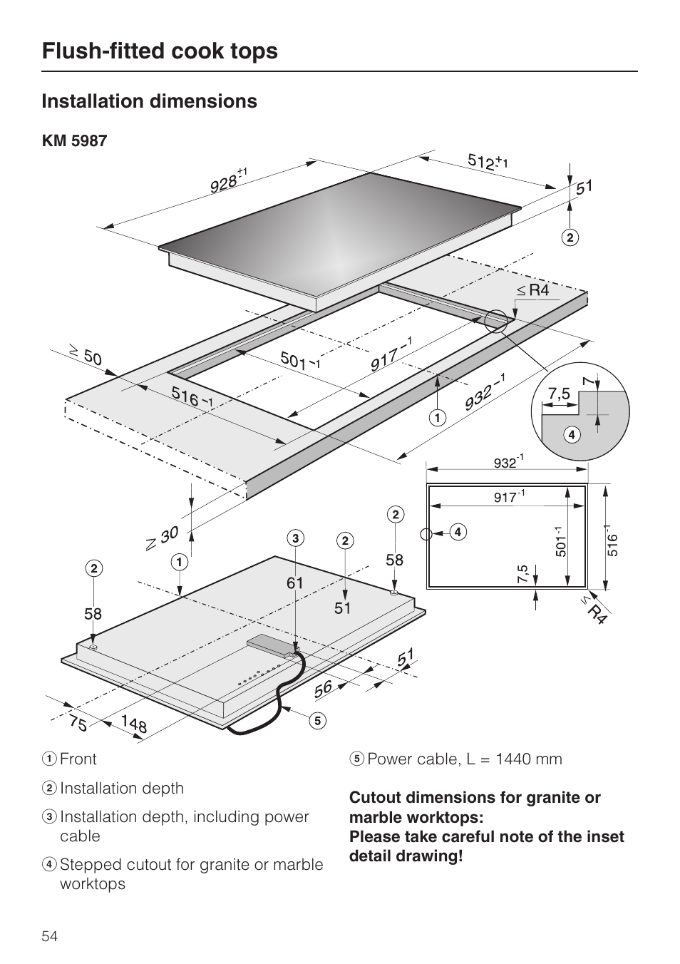 Flush-fitted cook tops 54, Installation dimensions 54, Flush-fitted cook tops | Installation dimensions | Miele KM 5993 User Manual | Page 54 / 60