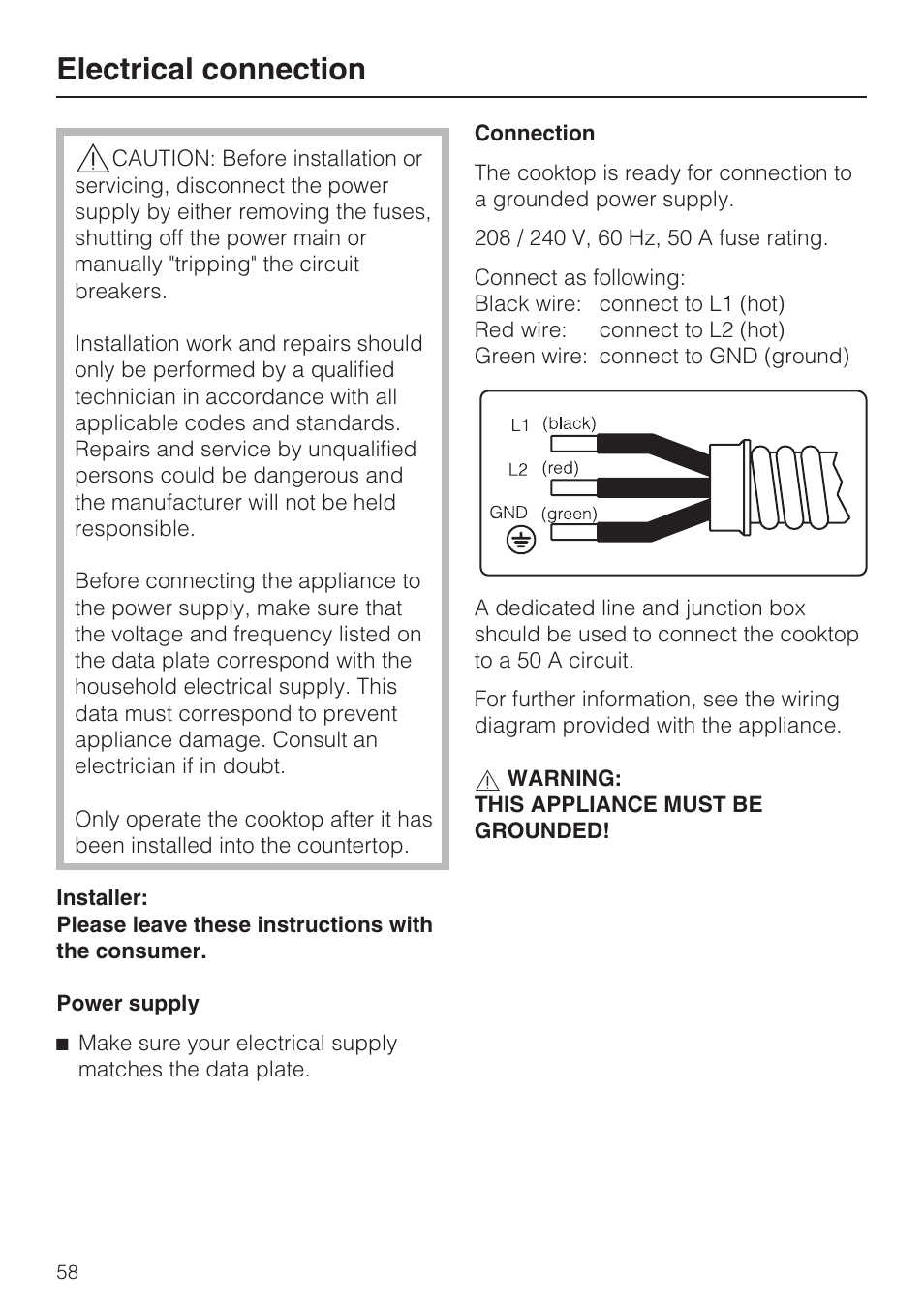 Electrical connection 58, Electrical connection | Miele KM 5993 User Manual | Page 58 / 60