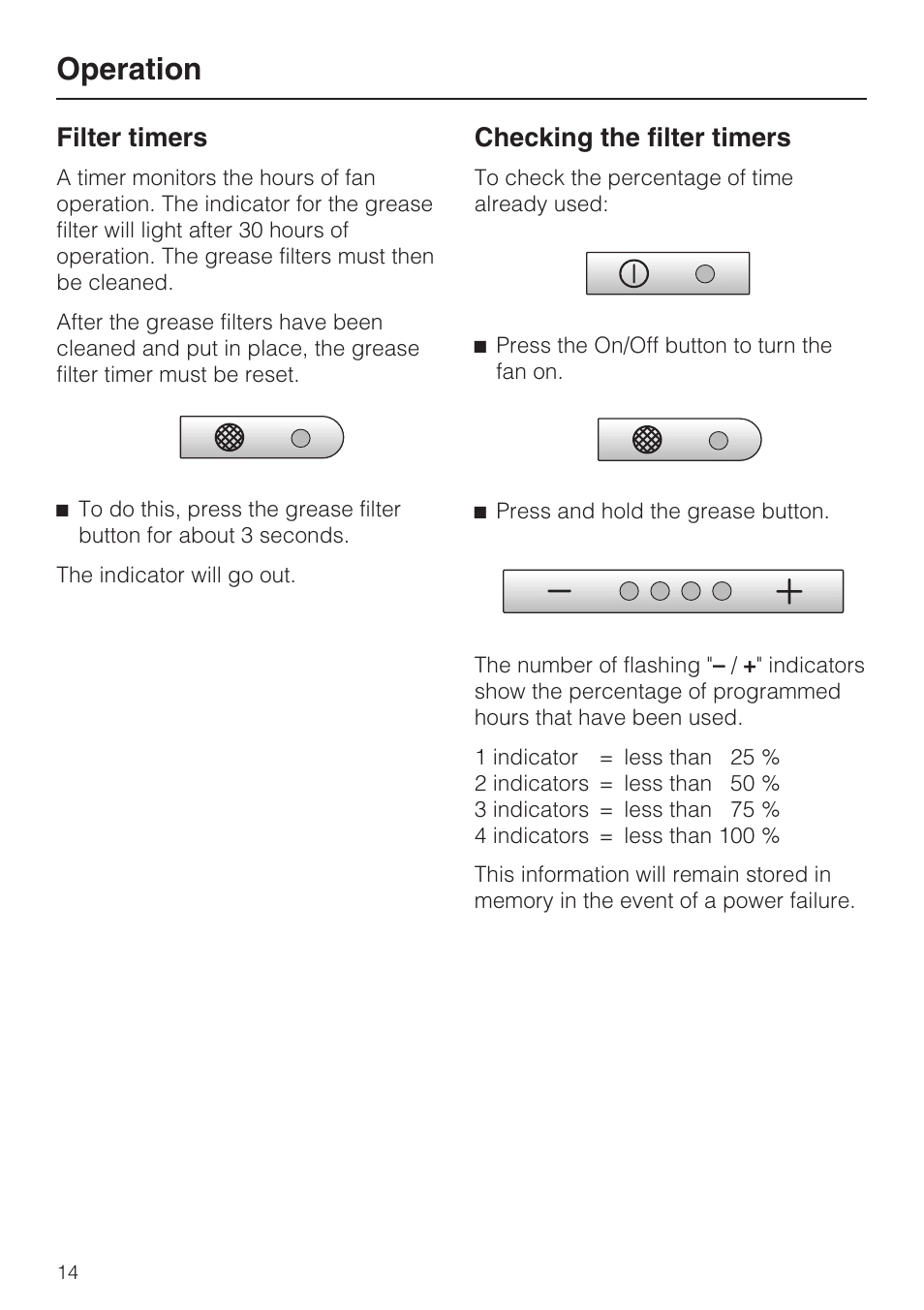 Filter timers 14, Checking the filter timers 14, Operation | Filter timers, Checking the filter timers | Miele DA 402 User Manual | Page 14 / 36
