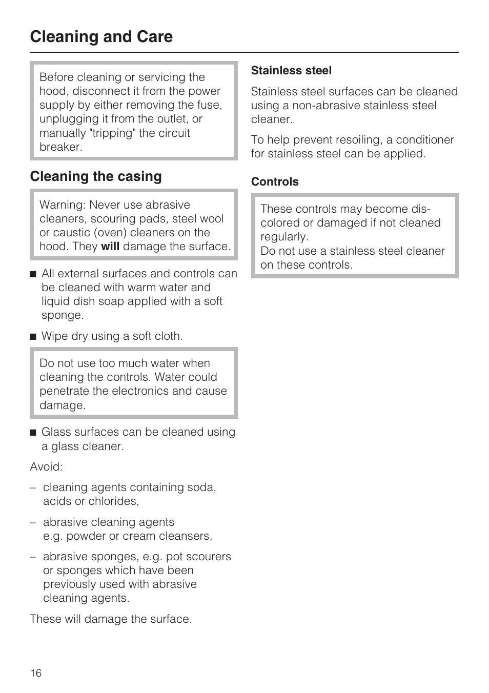 Cleaning and care 16, Cleaning the casing 16, Cleaning and care | Cleaning the casing | Miele DA 402 User Manual | Page 16 / 36
