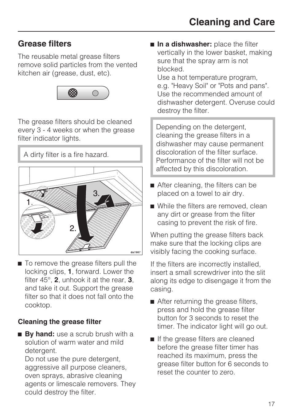 Grease filters 17, Cleaning and care, Grease filters | Miele DA 402 User Manual | Page 17 / 36