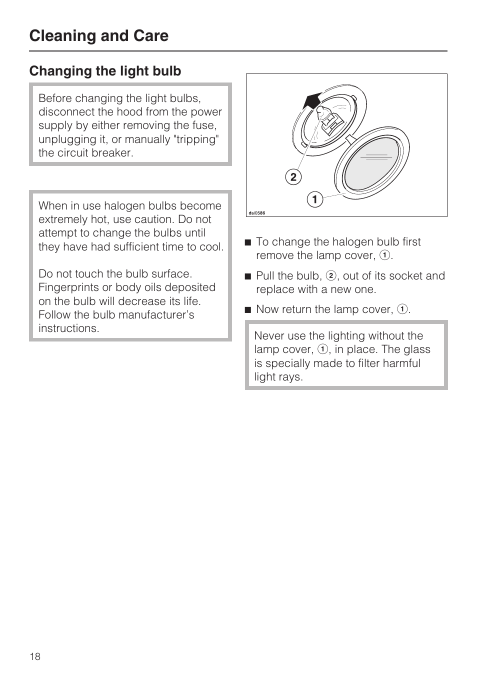 Changing the light bulb 18, Cleaning and care, Changing the light bulb | Miele DA 402 User Manual | Page 18 / 36