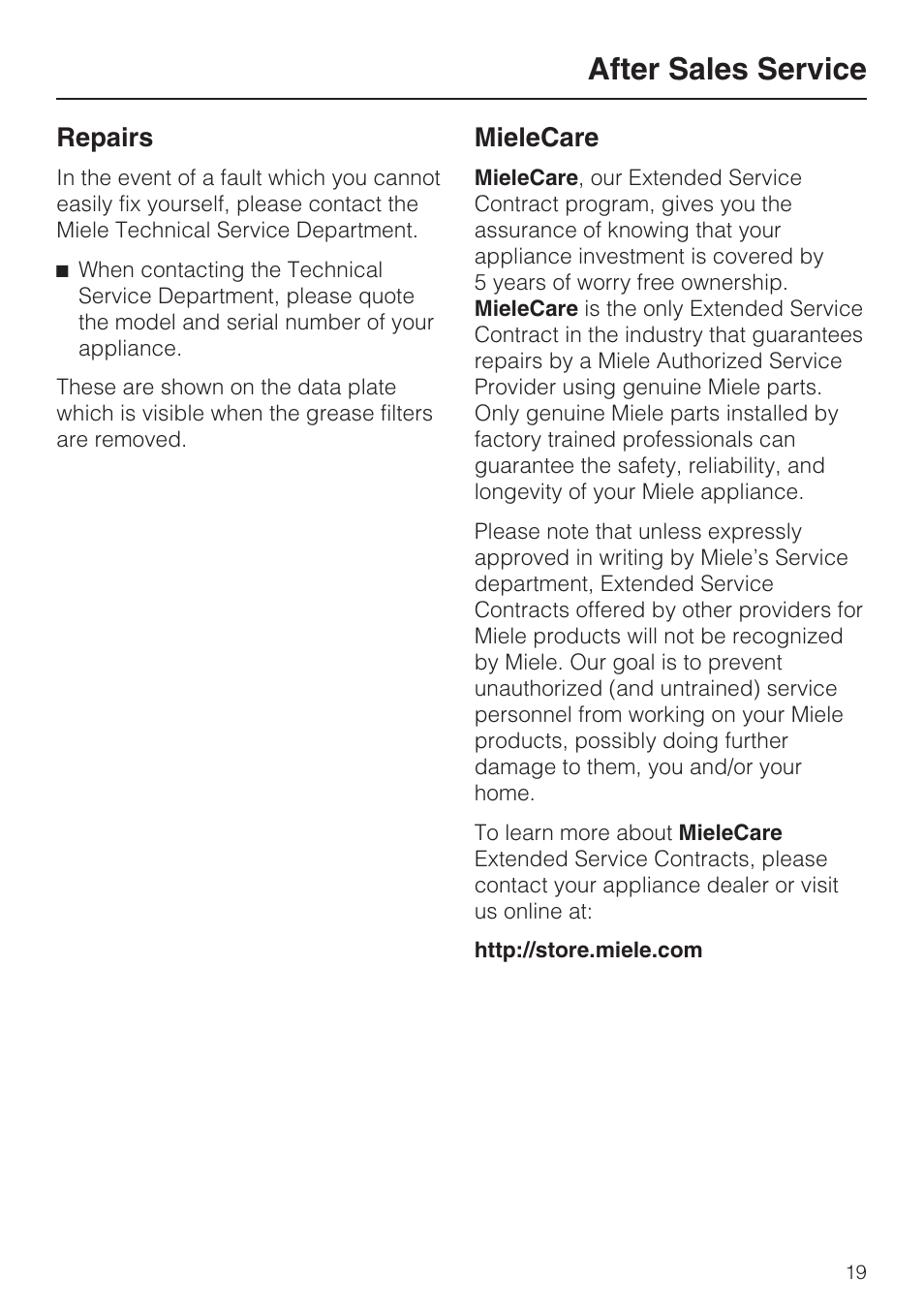 After sales service 19, After sales service, Repairs | Mielecare | Miele DA 402 User Manual | Page 19 / 36