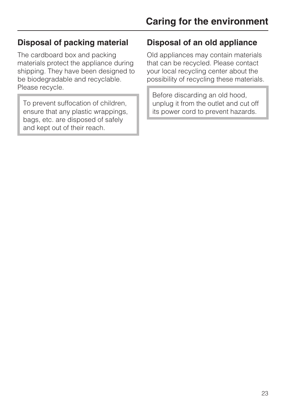 Caring for the environment 23, Caring for the environment | Miele DA 402 User Manual | Page 23 / 36