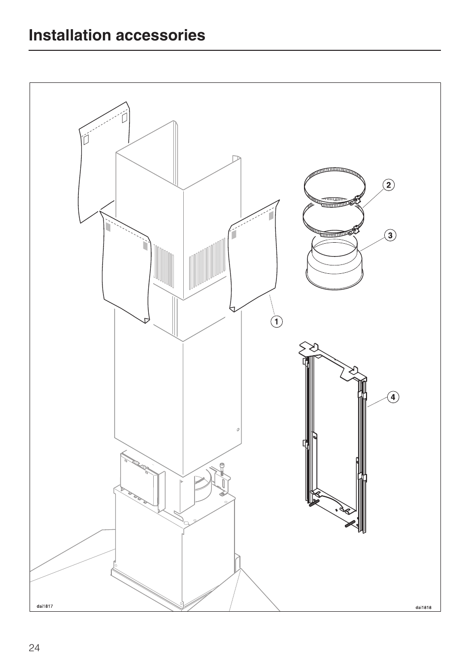 Installation accessories 24, Installation accessories | Miele DA 402 User Manual | Page 24 / 36