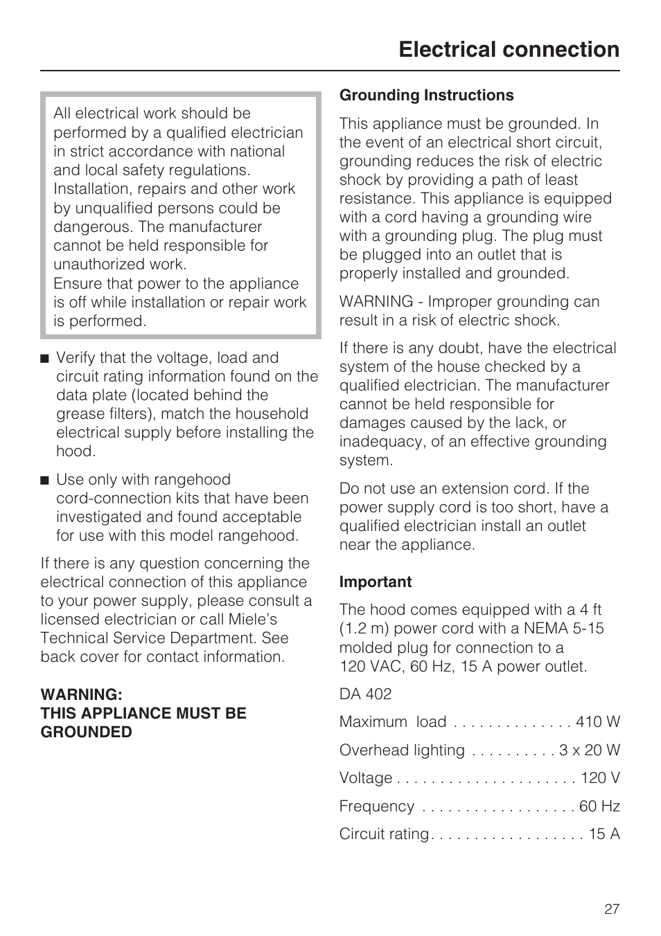 Electrical data 27, Electrical connection | Miele DA 402 User Manual | Page 27 / 36