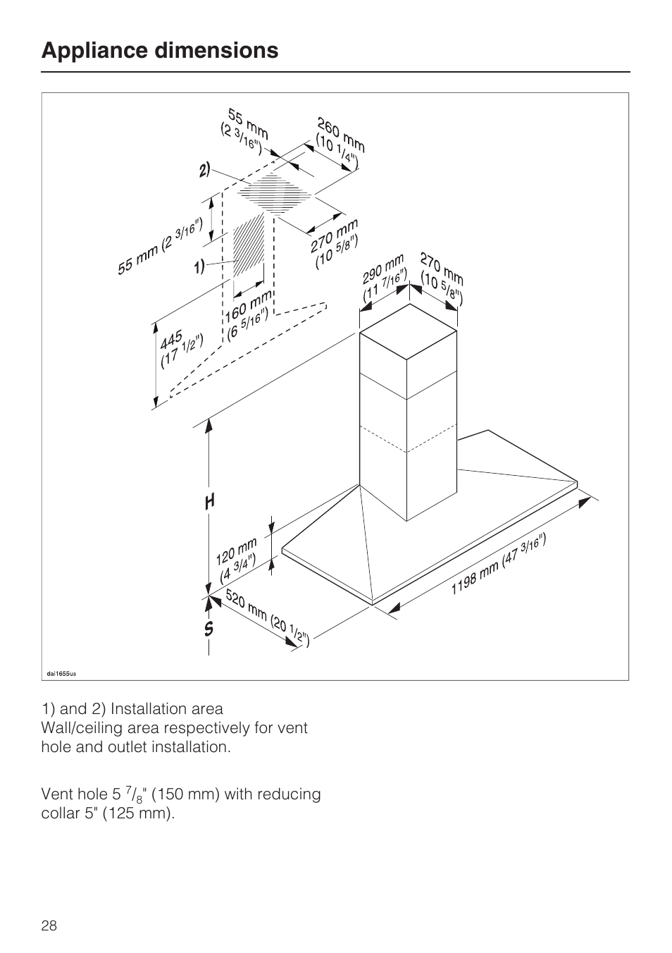 Appliance dimensions 28, Appliance dimensions | Miele DA 402 User Manual | Page 28 / 36