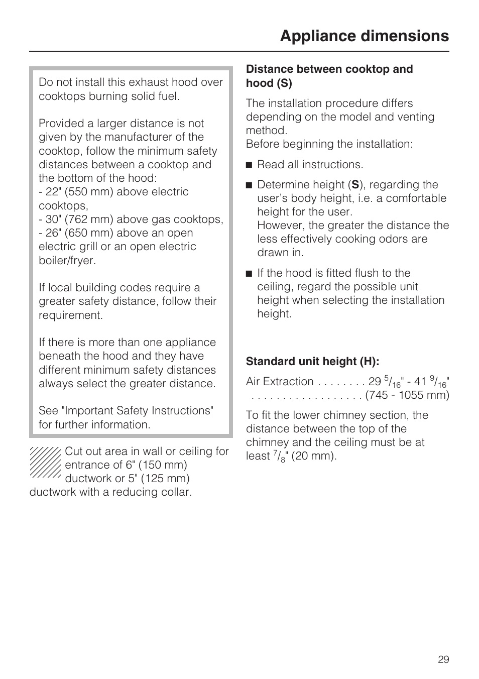 Appliance dimensions | Miele DA 402 User Manual | Page 29 / 36