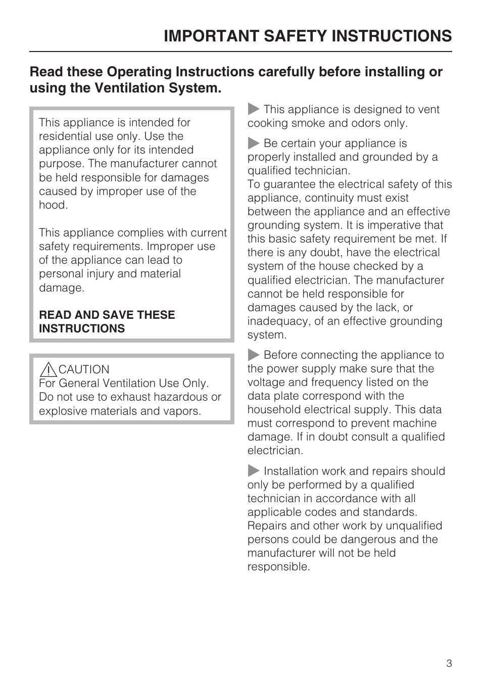 Important safety instructions 3, Important safety instructions | Miele DA 402 User Manual | Page 3 / 36
