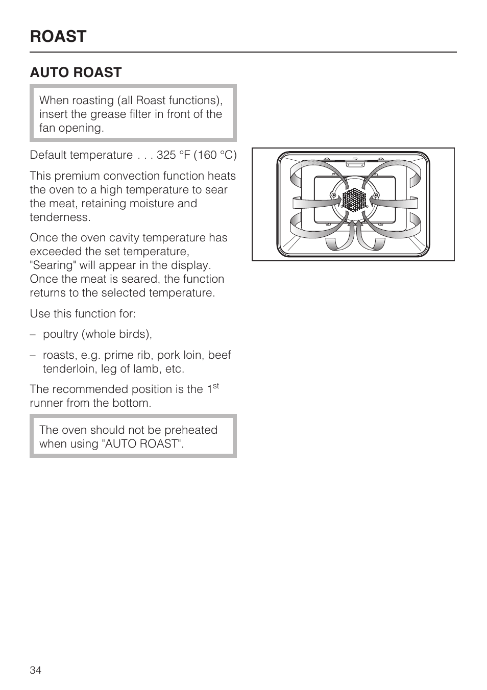 Roast 34, Roast, Auto roast | Miele H4881B User Manual | Page 34 / 76