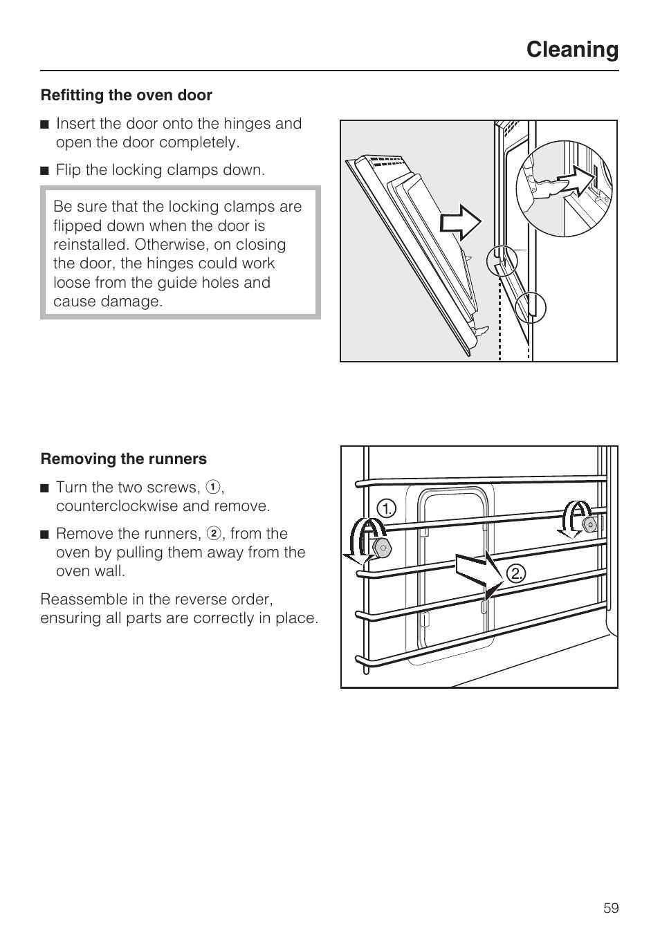 Removing the runners 59, Cleaning | Miele H4881B User Manual | Page 59 / 76