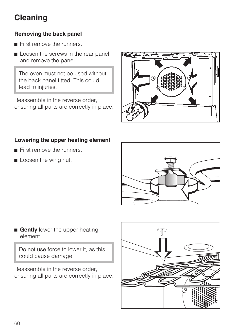 Removing the back panel 60, Lowering the upper heating element 60, Cleaning | Miele H4881B User Manual | Page 60 / 76