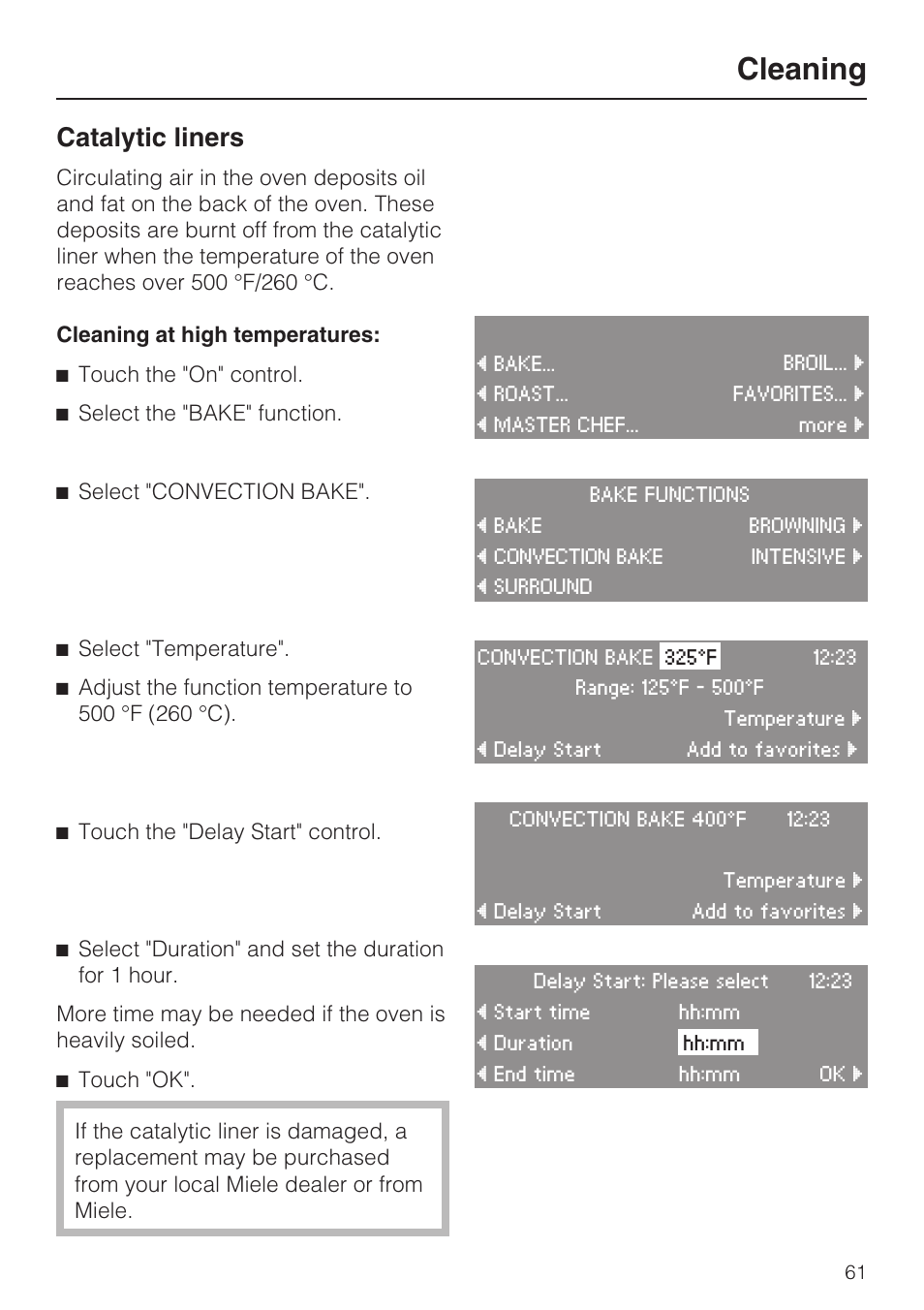 Catalytic liners 61, Cleaning, Catalytic liners | Miele H4881B User Manual | Page 61 / 76