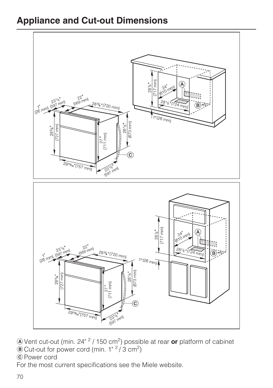 Appliance and cut-out dimensions 70, Appliance and cut-out dimensions | Miele H4881B User Manual | Page 70 / 76