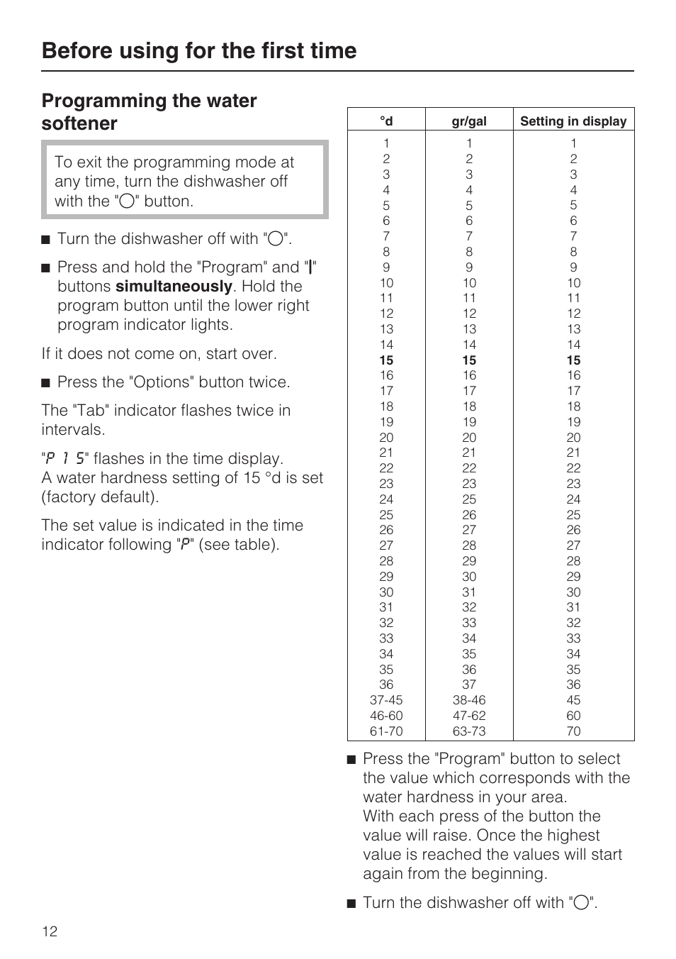 Programming the water softener 12, Before using for the first time, Programming the water softener | Miele G 1262 User Manual | Page 12 / 60