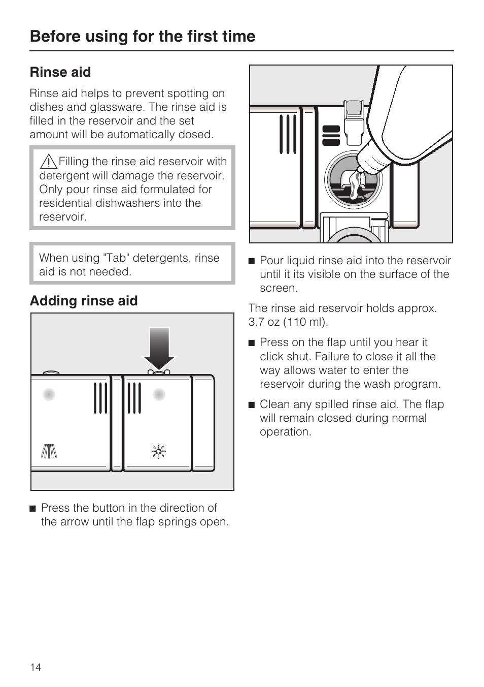 Rinse aid 14, Adding rinse aid 14, Before using for the first time | Rinse aid, Adding rinse aid | Miele G 1262 User Manual | Page 14 / 60
