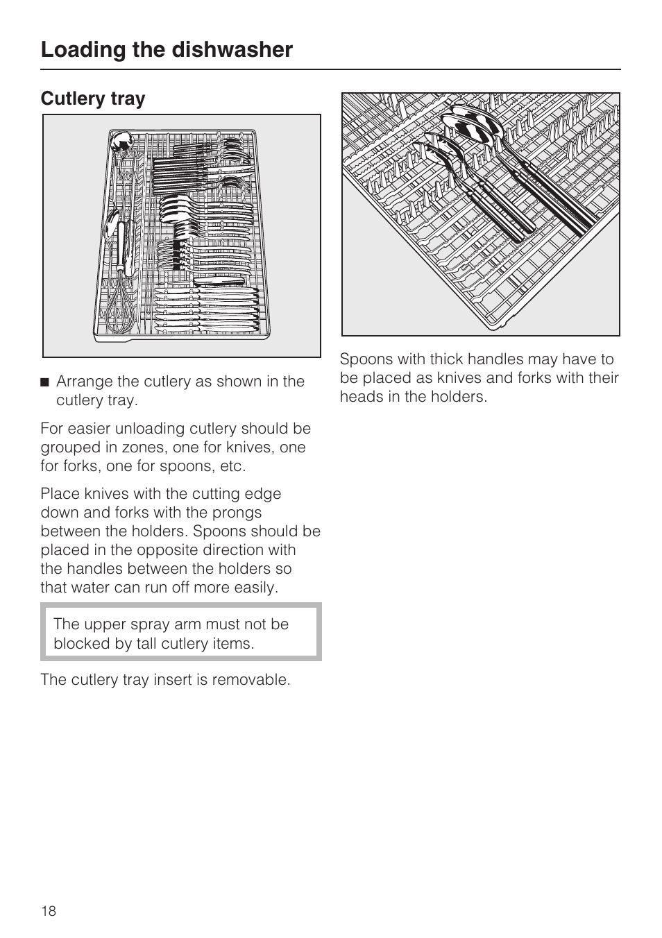 Cutlery tray 18, Loading the dishwasher, Cutlery tray | Miele G 1262 User Manual | Page 18 / 60