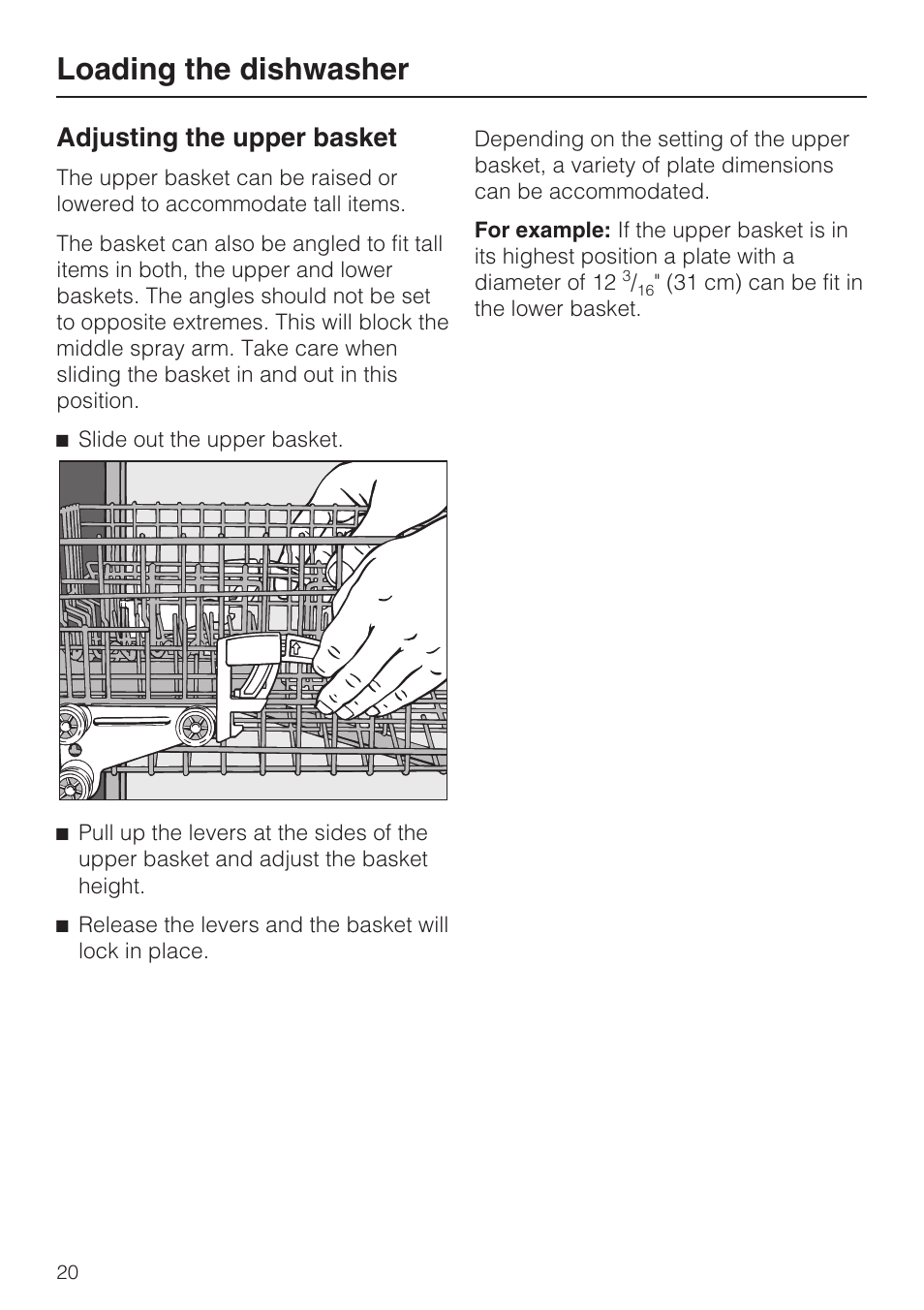 Adjusting the upper basket 20, Loading the dishwasher, Adjusting the upper basket | Miele G 1262 User Manual | Page 20 / 60