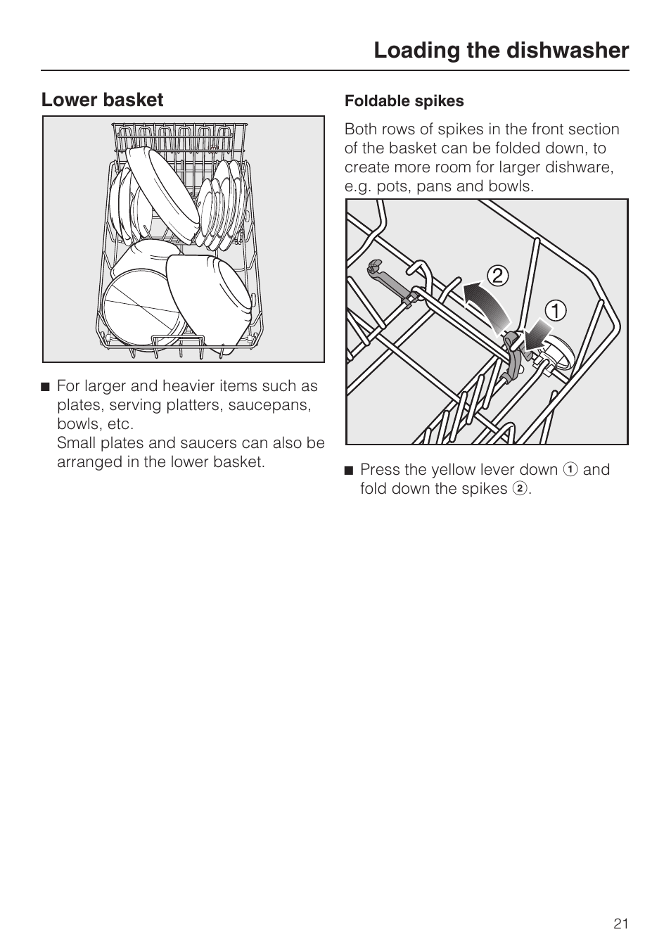 Lower basket 21, Loading the dishwasher, Lower basket | Miele G 1262 User Manual | Page 21 / 60