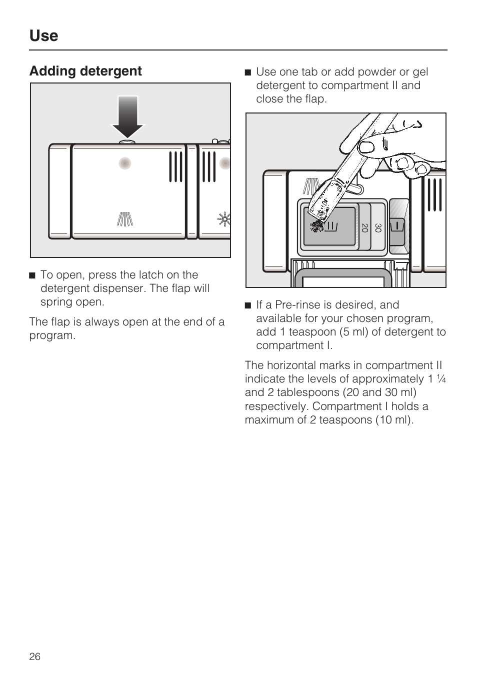 Adding detergent 26, Adding detergent | Miele G 1262 User Manual | Page 26 / 60