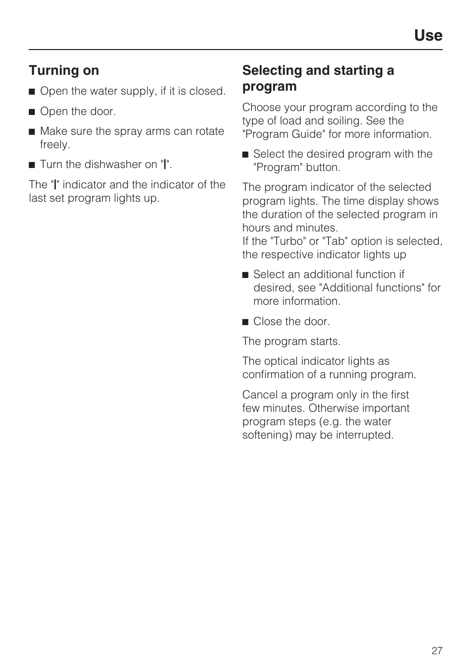 Turning on 27, Selecting and starting a program 27, Turning on | Selecting and starting a program | Miele G 1262 User Manual | Page 27 / 60