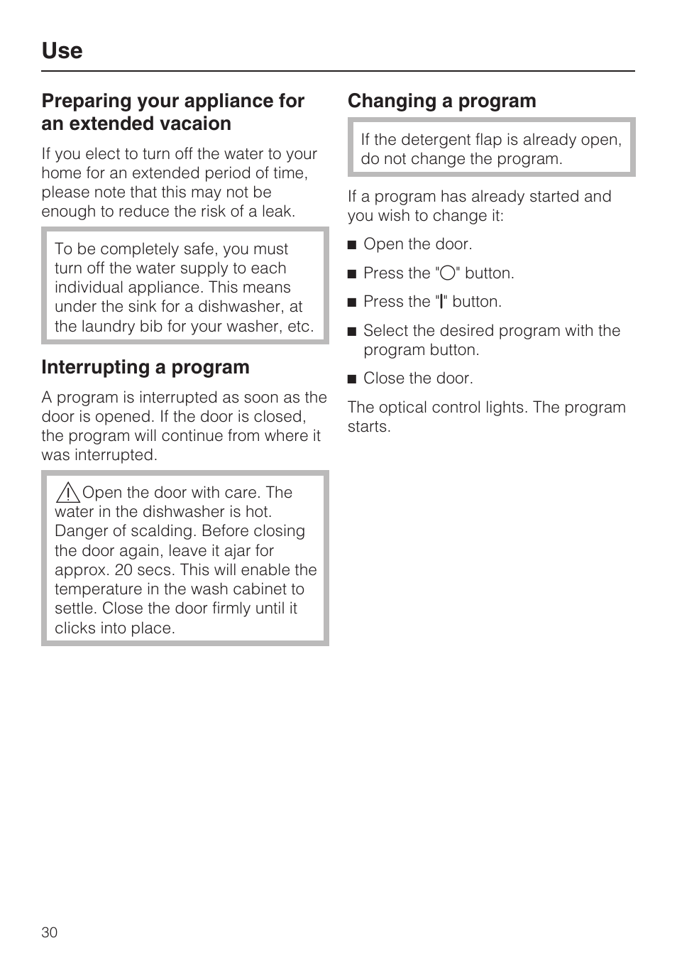 Interrupting a program 30, Changing a program 30 | Miele G 1262 User Manual | Page 30 / 60